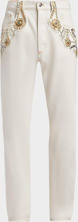 Versace Men & apos;s Crystal-Embroidered Straight-Leg Denim Jeans