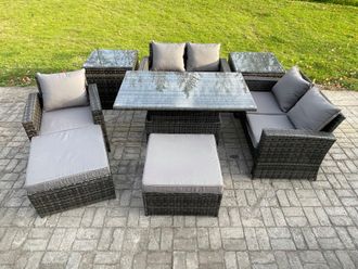 Fimous 7 Seater Outdoor Rattan Patio Furniture Set Garden Height Adjustable Rising Lifting Table Sofa Dining Set with 2 Side Tables 2 Big Footstool
