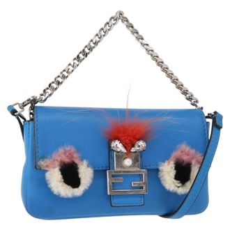 Fendi Monster Baguette Leather And Fur Blue Leather Handbag (Pre-Owned)