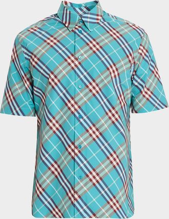 Burberry Mens Relaxed-Fit Check Cotton Short-Sleeve Shirt