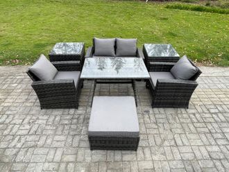 Fimous 5 Seater Outdoor Garden Furniture High Back Rattan Sofa Dining Table Set with 2 SideTables Big Footstool in Dark Grey