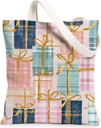 Generic Gift Pattern Canvas Tote Bags, Festive Presents Design Reusable Grocery Bags, Holiday Lightweight Washable Shoulder Strap C, Multicolor, 13x15 Inch