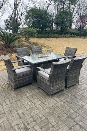 Fimous Rattan Gas Fire Pit Oblong Dining Table Gas Heater Table And Chair Set 6 Seater