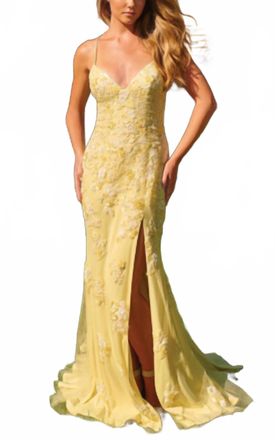 Faviana Floral Beaded Gown In Yellow