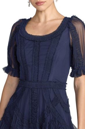 Mac Duggal Womens Short Sleeve Mesh Mirco Ruffle Midi Dress in Indigo at Nordstrom, Size 10