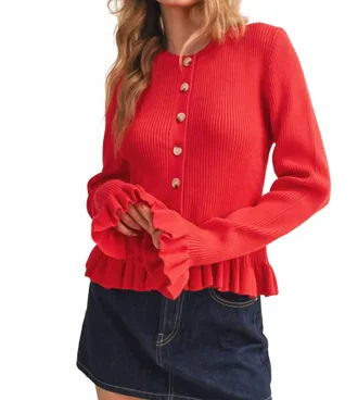 Merci Catch My Charm Ruffle Hem Sweater Cardigan In Poppy Red