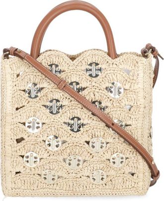 Paco Rabanne Beige Perforated Metal Disc Raffia Tote Bag