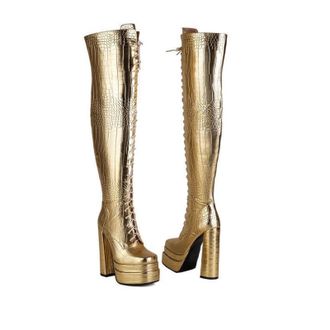 Generic Fashion Womens Gold Snake Print Over-The-Knee Boots, Chunky Block Heel & Square Toe, Side Zipper Winter Thigh High Boots for Women(Golden,5.5 UK)