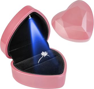OEM Caja Para Anillos De Terciopelo Con Forma De Coraz&oacute;n Con Luz Led, Joyero Para Bodas, Compromisos, Pedidas De Mano, Cumplea&ntilde;os Y Aniversarios - Rosa