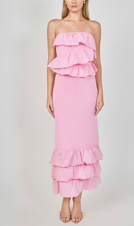 endless rose Ruffle Detail Mixed Media Strapless Dress in Baby Pink at Nordstrom, Size X-Small