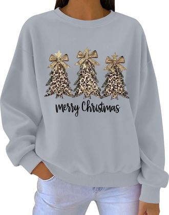 Generic Ladies Tops Casual Long Sleeve Loose Pullover Womens Christmas Sweatshirts Crewneck Xmas Tree Snowflake Print Cute Blouse Graphic Tees Trendy Jumper C