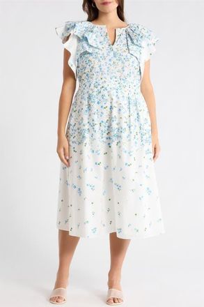 Sugarlips Floral Ruffle Flutter Sleeve Cotton Midi Dress in White Blue Green at Nordstrom, Size 1 X
