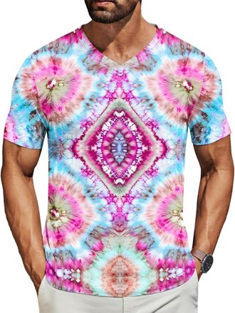 Generic Mens V-Neck Tie Dye T-Shirt,Short Sleeve Casual Top,Breathable Summer Casual Basic Tees Top Regular Fit (Multicolor)