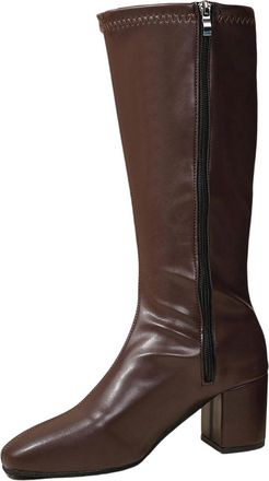 Generic Wide Claf Knee High Boots for Women Chunky High Heel Boots Elegant Square Toe Long Boot Solid Color Side Zipper Boots Leather Riding Booties Waterproo