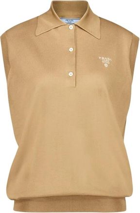 Prada Zijden Mouwloos Poloshirt Kameel Bruin - Dames - Bodywarmers - Bruin - M - Jassen