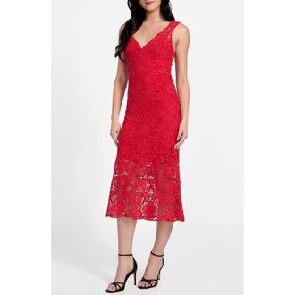 Guess Rosalia Floral Lace Midi Dress in Siren Red Multi at Nordstrom, Size Large