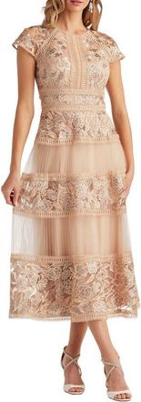 Tadashi Shoji Lace & Mesh Midi Dress in Pebble at Nordstrom, Size 18