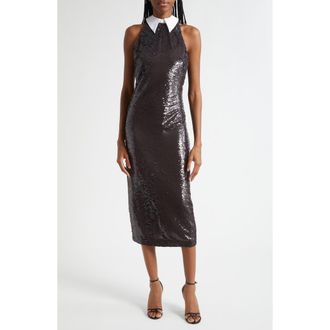 L'agence Lilith Sequin Poplin Collar Sleeveless Midi Dress in Black/White Contrast at Nordstrom, Size 12