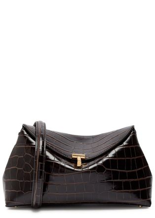 Toteme T-lock Crocodile-effect Leather Clutch - Dark Brown - One Size