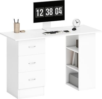 HOMCOM 120cm Computer Desk PC Table Workstation W/ 3 Shelf & Drawers White | TJ Hughes