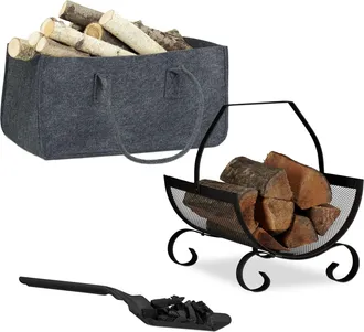 Relaxdays Juego De 3 Piezas Para Chimenea, Bolsa Para Le&ntilde;a, Cesto, Pala Para Cenizas, Fieltro, Acero, Negro/antracita