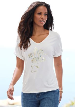 Lascana Kurzarmshirt LASCANA mit schimmerndem Print, Damen, Gr. 32/34, creme, Single Jersey, Obermaterial: 95% Viskose, 5% Elasthan, bedruckt, figurumspielend