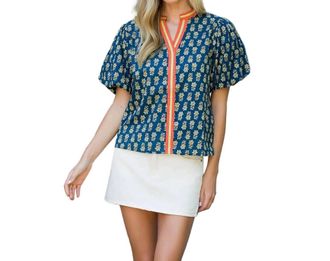 THML Clothing Puff Sleeve Floral Detailed V Neck Top In Blue