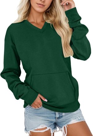 Generic Womens V-Neck Sweatshirt with Kangaroo Pocket Long Sleeve Oversized Pullover Solid Color Fall Winter Tops Drawstring Button Womens For Everyday Wear O