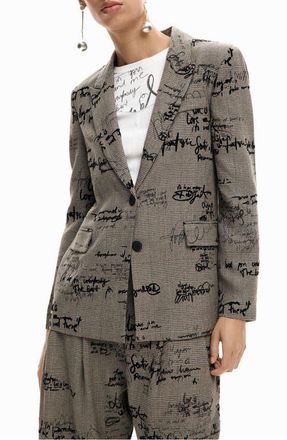 Desigual Lettering Print Houndstooth Single Breasted Blazer in Black Multi at Nordstrom, Size Small