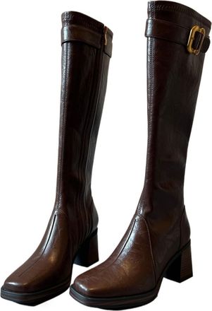 Generic Square toe high heel chunky heel knee high slimming tall for women, soft material versatile winter boots, luxury fashion boots,(brown,4.5 UK)