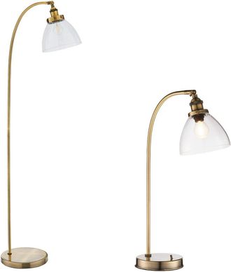 Loops Standing Floor & Table Lamp Set Antique Brass Glass Shade Retro Industrial Light