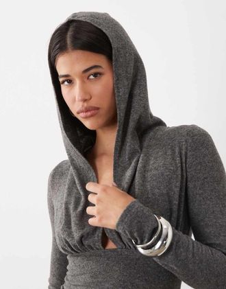 I.AM.GIA Anouk top lavorato a maglia con scollo profondo e cappuccio in grigio antracite-Marrone