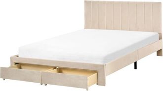 Beliani Bed with Storage Drawers Velvet LONZAC 140 x 200 cm (EU Double) Beige