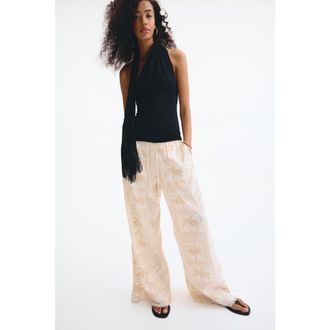 H&M Linen-blend Drawstring Trousers in Light Beige/palm Trees at Nordstrom, Size Xx-Large