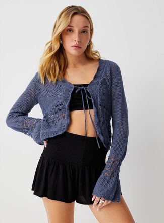 Icone Womens Openwork knit tie-up cropped Cardigan Sweater