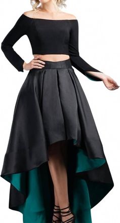 Rachel Allan Two-Piece Off Shoulder High-Low Prom Gown In Black/teal