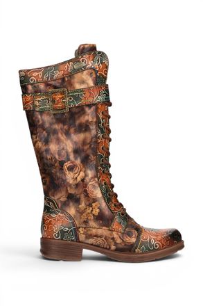 Laura Vita Womens Tan Floral Victorian Leather High Combat Long Boots - Anitao-21