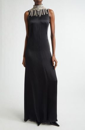 Alexander McQueen Chain Mail Open Back Satin Gown in Black at Nordstrom, Size 10 Us