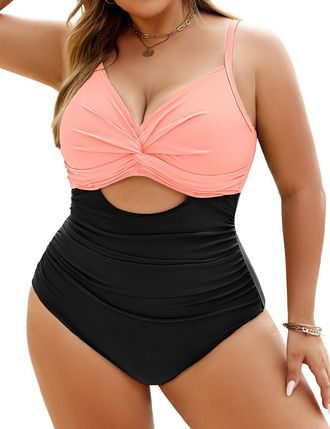 Heekpek Womens One-Piece Swimsuits Plus Size Swimming Costume Tummy Control V Neck Ruched Swimwear, Pink Black, M