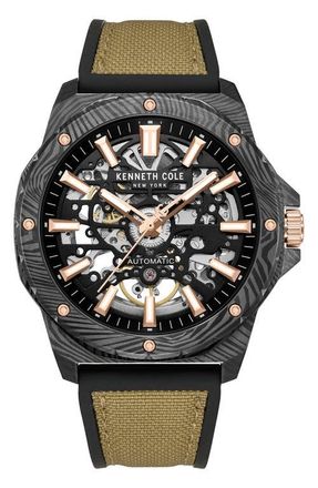 Kenneth Cole The Hollis Skeleton Automatic Silicone & Nylon Strap, 45mm in Tan /Brown Light at Nordstrom