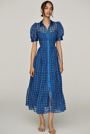 English Factory Organza Short-Sleeve Button-Front Midi Dress