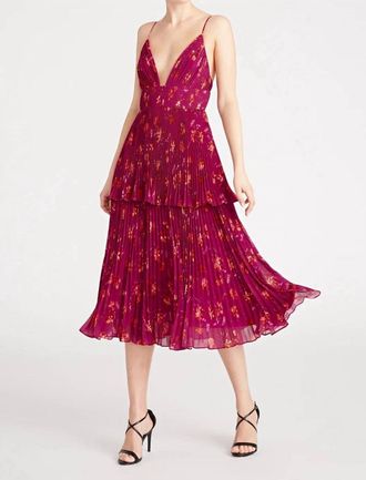 AMUR Pleated Tiered Crepe De Chine Midi Dress