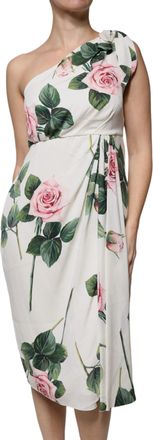 Dolce & Gabbana Womens White Floral Silk One Shoulder Midi Dress Elastane
