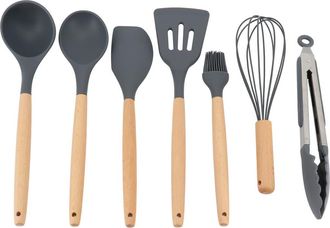 Gibson Home Holton 7 Piece Silicone Beech Wood Kitchen Tool Set in Gray at Nordstrom