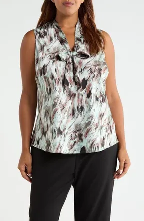 Kasper Print TIe Neck Sleeveless Satin Top in Sea Glass Multi at Nordstrom, Size 1X