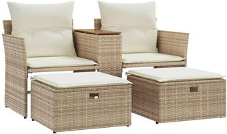 vidaXL Sofá de jardín 2 plazas con toldo y taburetes ratán pe beige Vidaxl