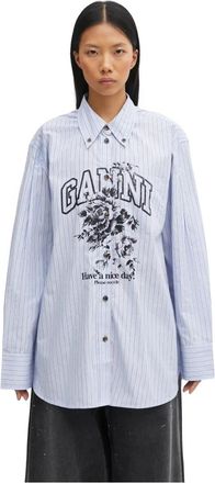 Ganni Stripe Logo Shirt - Dames - Overhemden - Blauw - M - Katoen - Overhemden