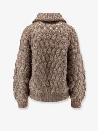 Brunello Cucinelli Womens Cardigan Perforated With Micro-Sequin - Brown Mohair Sweater