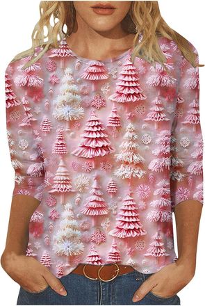 Generic Womens Christmas Jumpers Xmas Wine Glass Blouses Novelty Pullover 3/4 Sleeve Sweatshirt Crew Neck Jumper Snowflakes Tops Christmas Tree Blouse Casual 