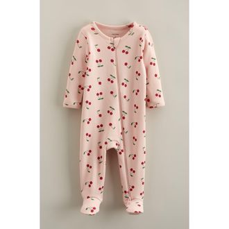 Nordstrom Print Cotton Footie Romper in Pink Lotus Cherries at Nordstrom, Size Newborn